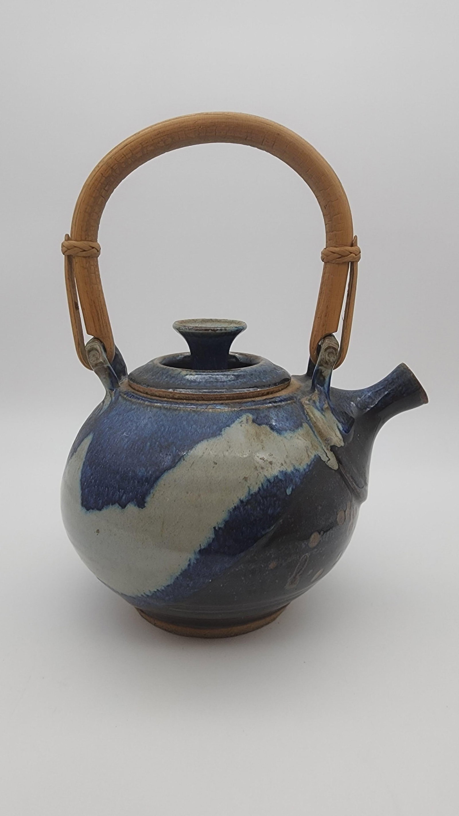 Mid 20th Century Studio Pottery Teapot with Bentwood Handle and Cobalt Drip Glaze - 4