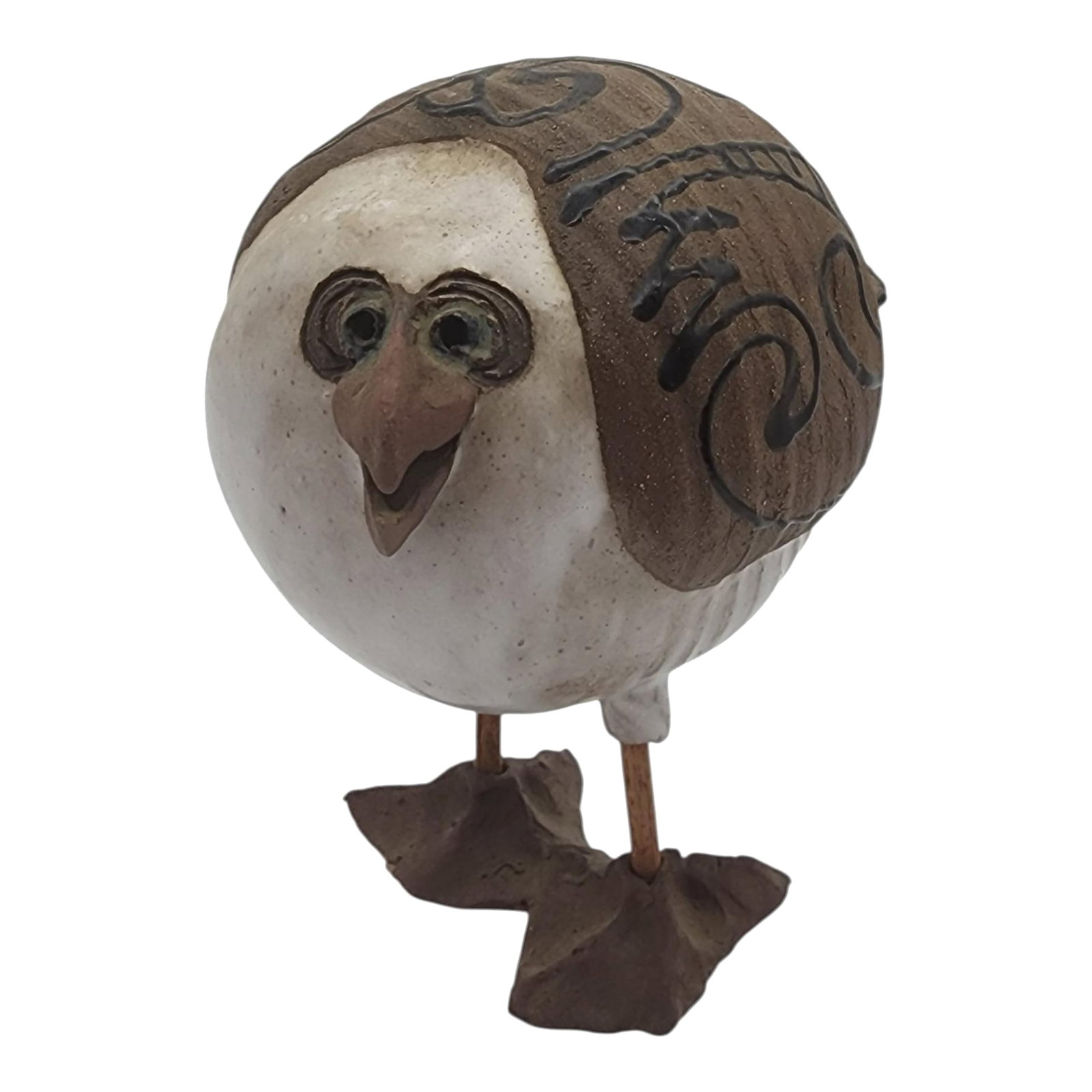 Late 20th Century Studio Pottery Seagull Sculpture by Susan Davis: Charming hand-sculpted studio pottery seagull featuring an exaggerated rounded body, expressive face, and stylized carved wing decoration. The figure stands on thin wooden dowel legs with oversized sc
