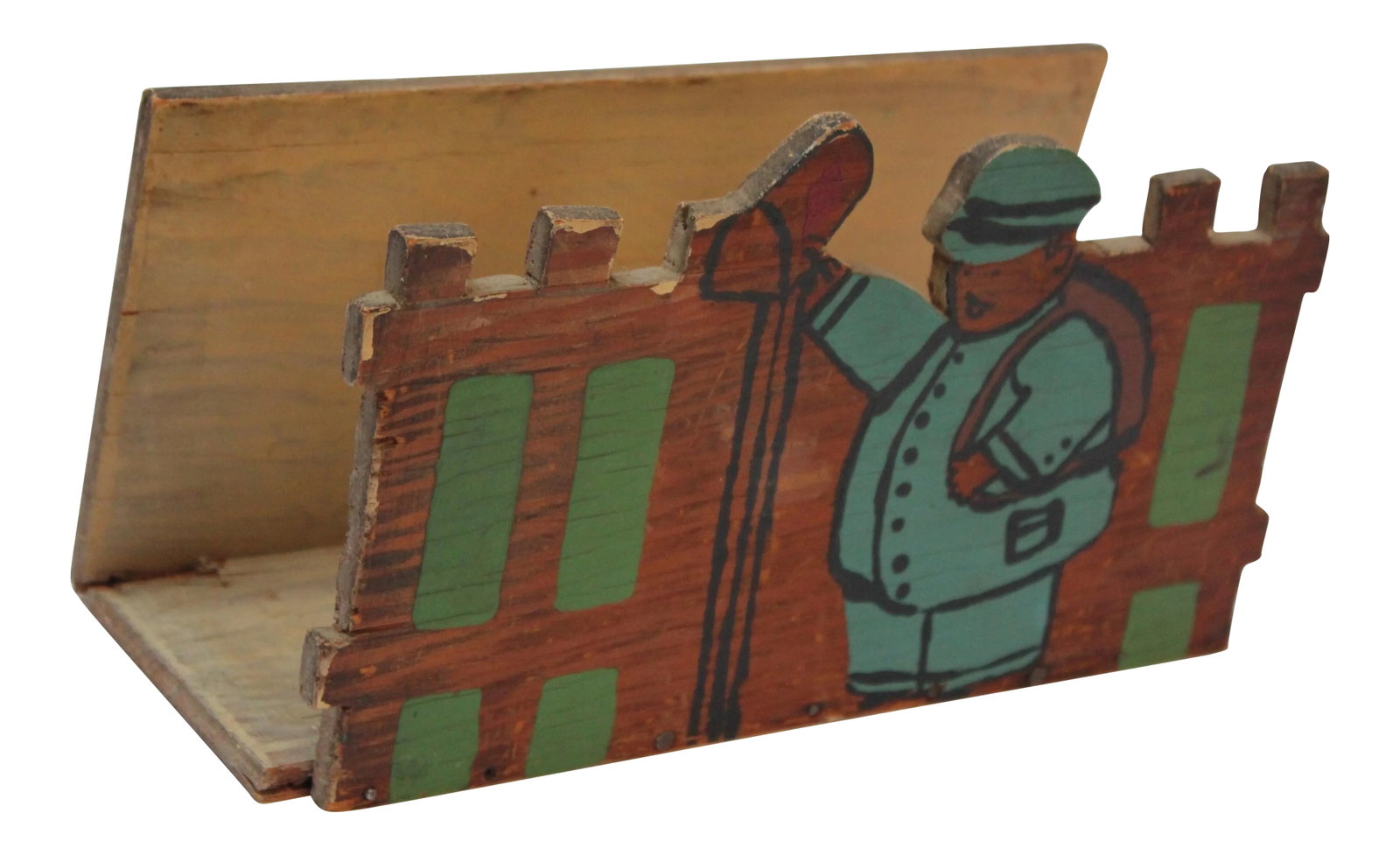 Vintage Folk Art Wooden "Postman" Letter Holder: Circa 1930s / 1940s hand-carved and painted 'postman' letter holder. Very good, vintage condition with warm patina consistent with age and use (scuffs / light wear). Condition: Alterations: Original