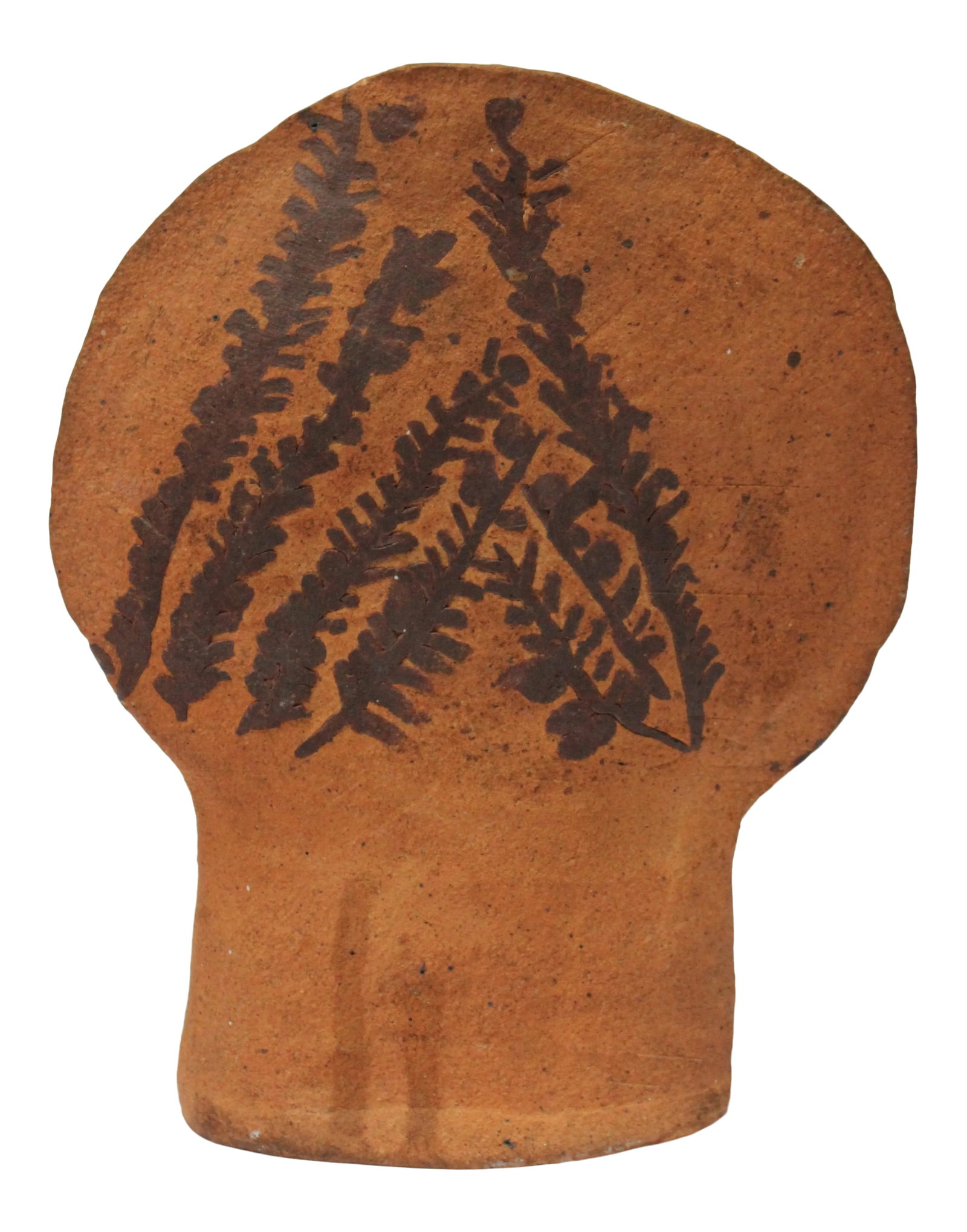 Vintage Studio Terracotta "Botanical" Sculpture Signed Polk 1974: Unique studio ceramic terracotta sculpture with hand-applied plant / leaf decoration on both sides. Patina / scratches / minor signs of age present; very good, vintage condition with no losses /