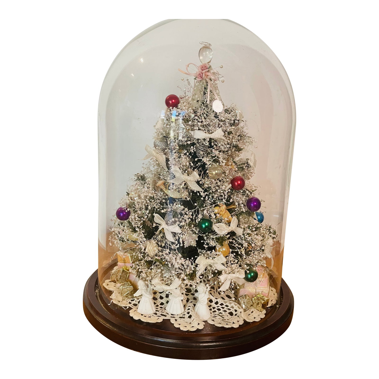 Vintage Artisan Mini Christmas Tree W Angels Under Glass Dome: Beautiful detailed artisan made Christmas tree with angels under glass dome. Condition: Alterations: Original Condition Unaltered Imperfections: Some Imperfections Condition Notes: Good Origin: United
