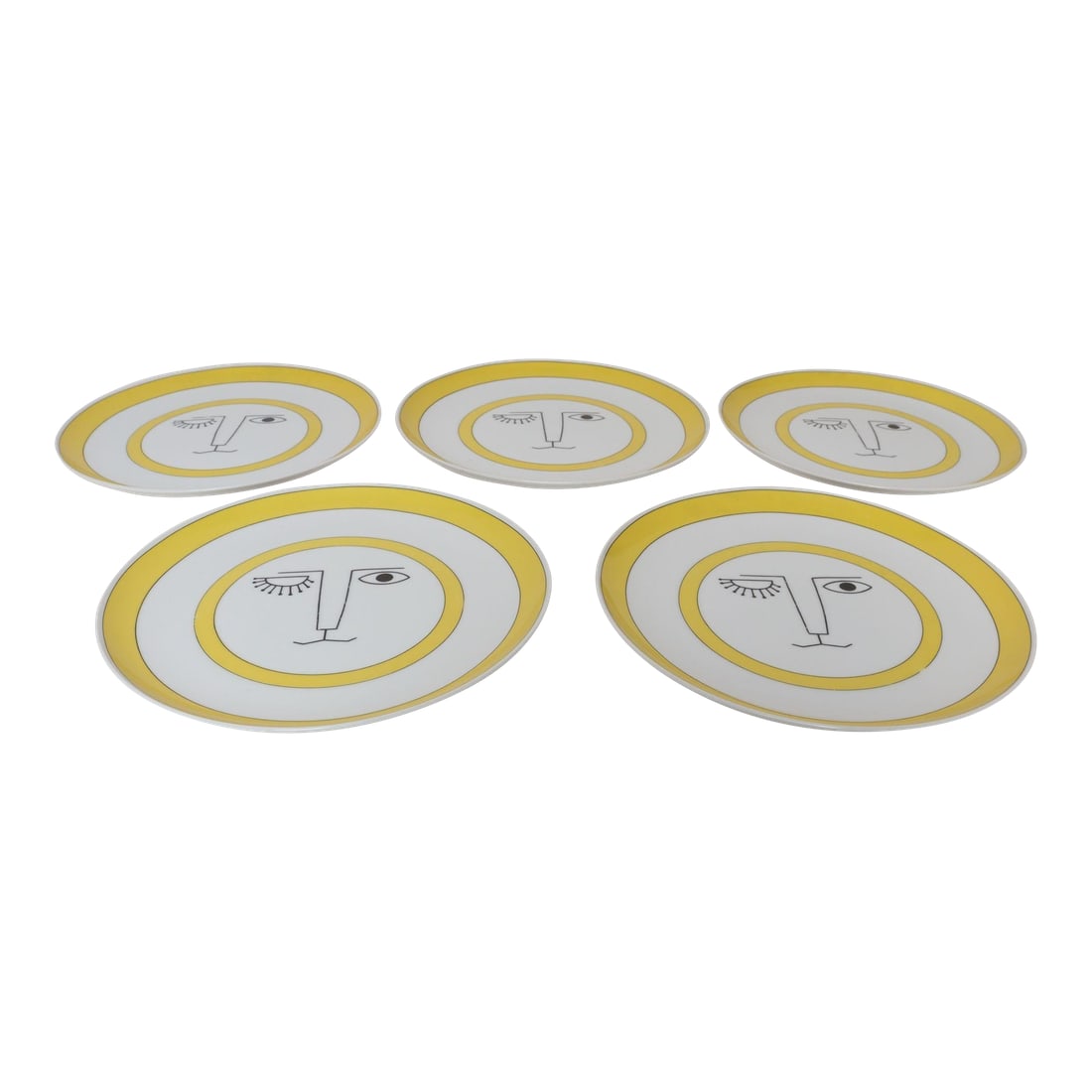 Set of Five Vintage Taste Setter Collection Winking Lion Plates by Sigma Italy: Set of five porcelain dinner plates from the Taste Setter Collection by Sigma (ca. 1970s, Italy). Charming winking lion motif with attractive, vibrant yellow banding. Very good, vintage condition