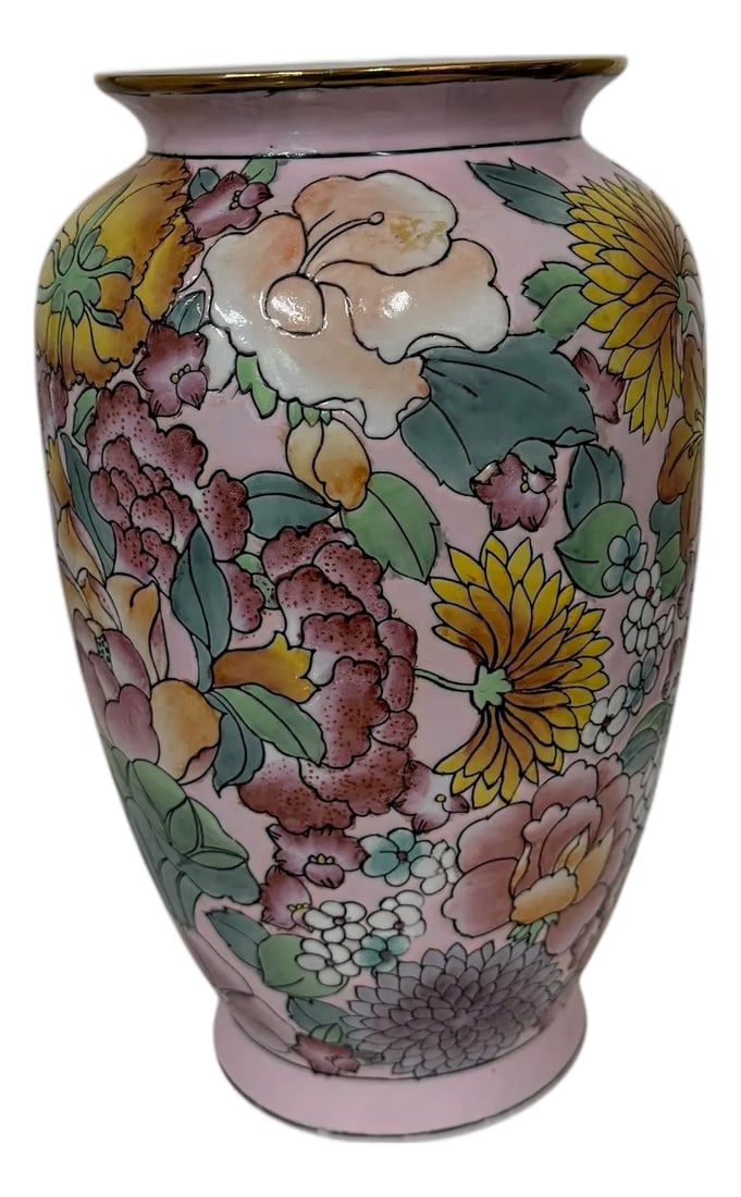 Vintage Hand Painted Rare Color Pink Chinoiserie Vase With Turquoise, Saffron, Aqua and Pinks, Flora: Vintage rare color grand millennial style chinoiserie vase. The hand painted florals colored in turquoise, goldenrod, dark pink and amethyst are beautiful on this rare lighter pink background. A gold