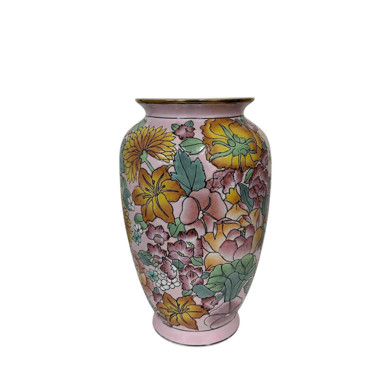 Vintage Hand Painted Rare Color Pink Chinoiserie Vase With Turquoise, Saffron, Aqua and Pinks, Flora - 2