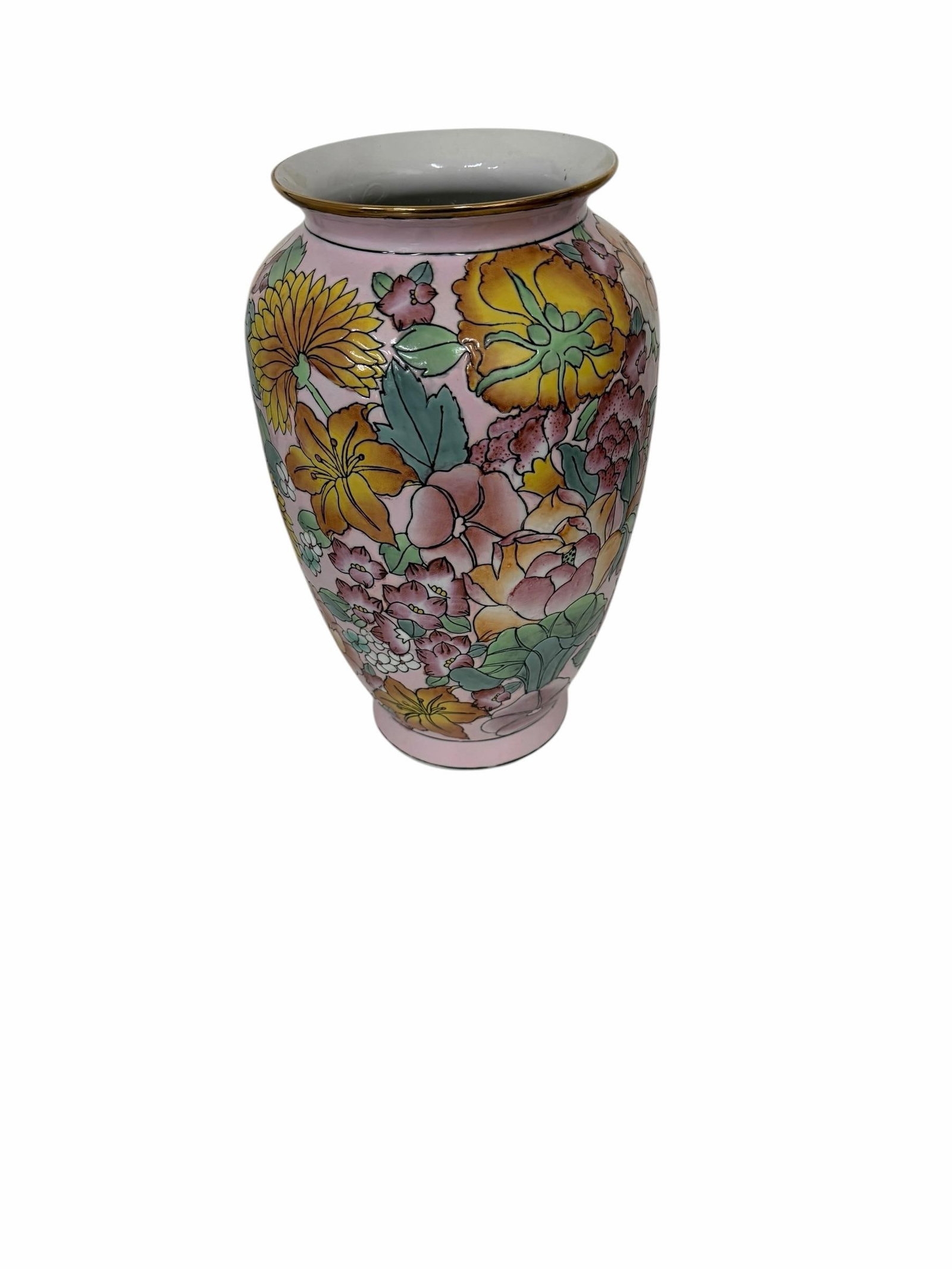 Vintage Hand Painted Rare Color Pink Chinoiserie Vase With Turquoise, Saffron, Aqua and Pinks, Flora - 3