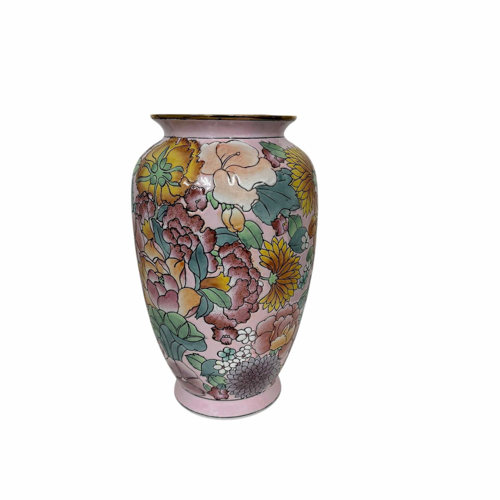 Vintage Hand Painted Rare Color Pink Chinoiserie Vase With Turquoise, Saffron, Aqua and Pinks, Flora - 4