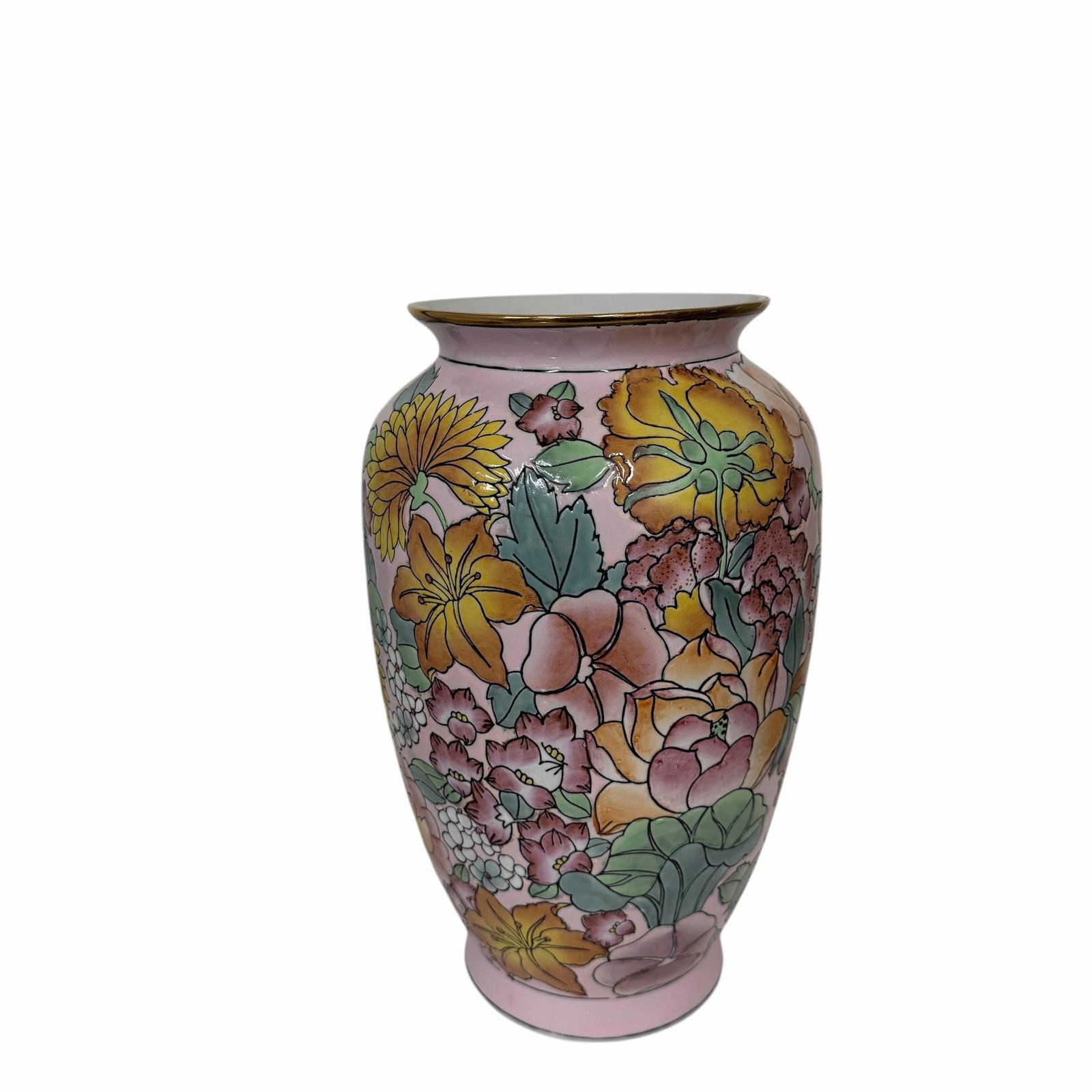 Vintage Hand Painted Rare Color Pink Chinoiserie Vase With Turquoise, Saffron, Aqua and Pinks, Flora - 5