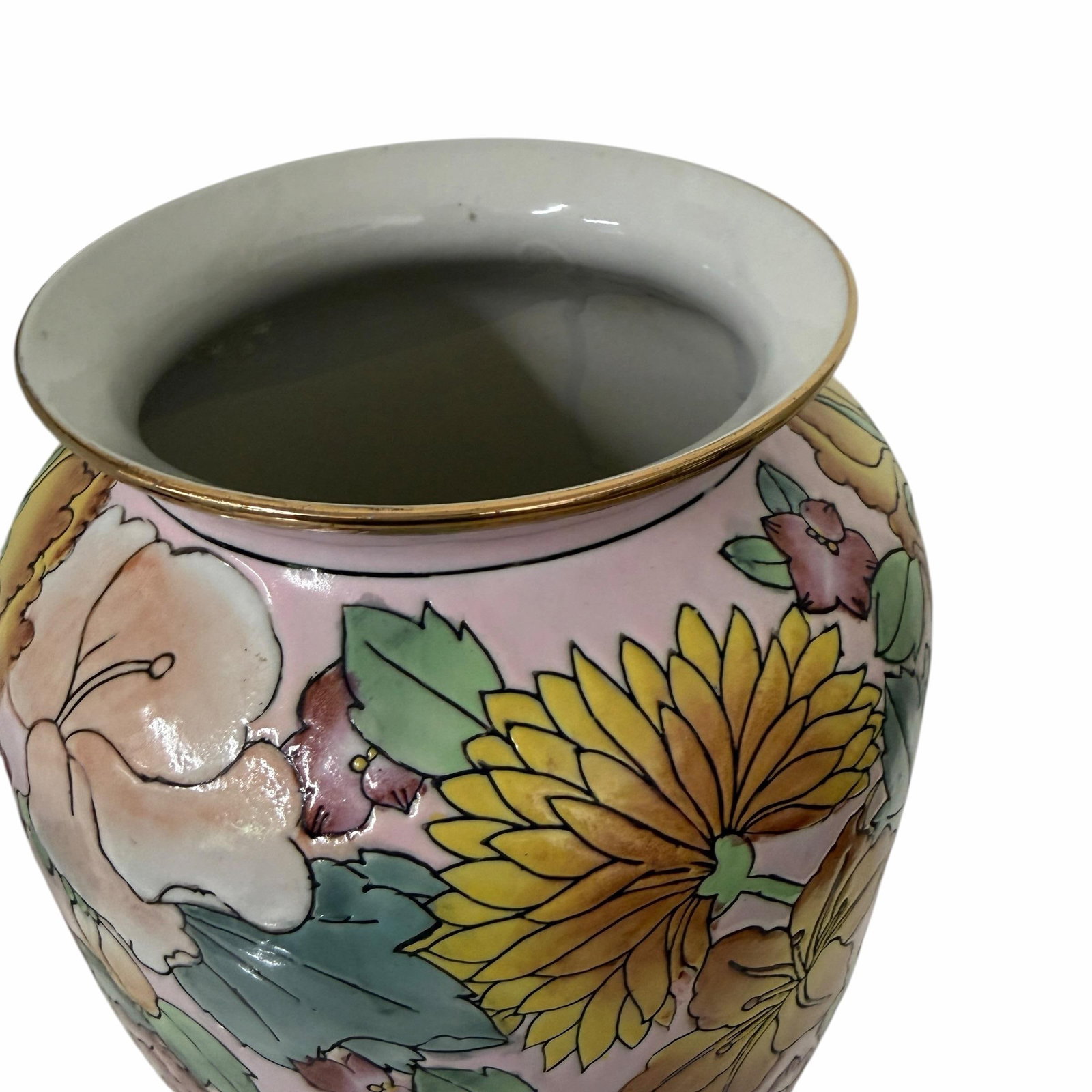 Vintage Hand Painted Rare Color Pink Chinoiserie Vase With Turquoise, Saffron, Aqua and Pinks, Flora - 7