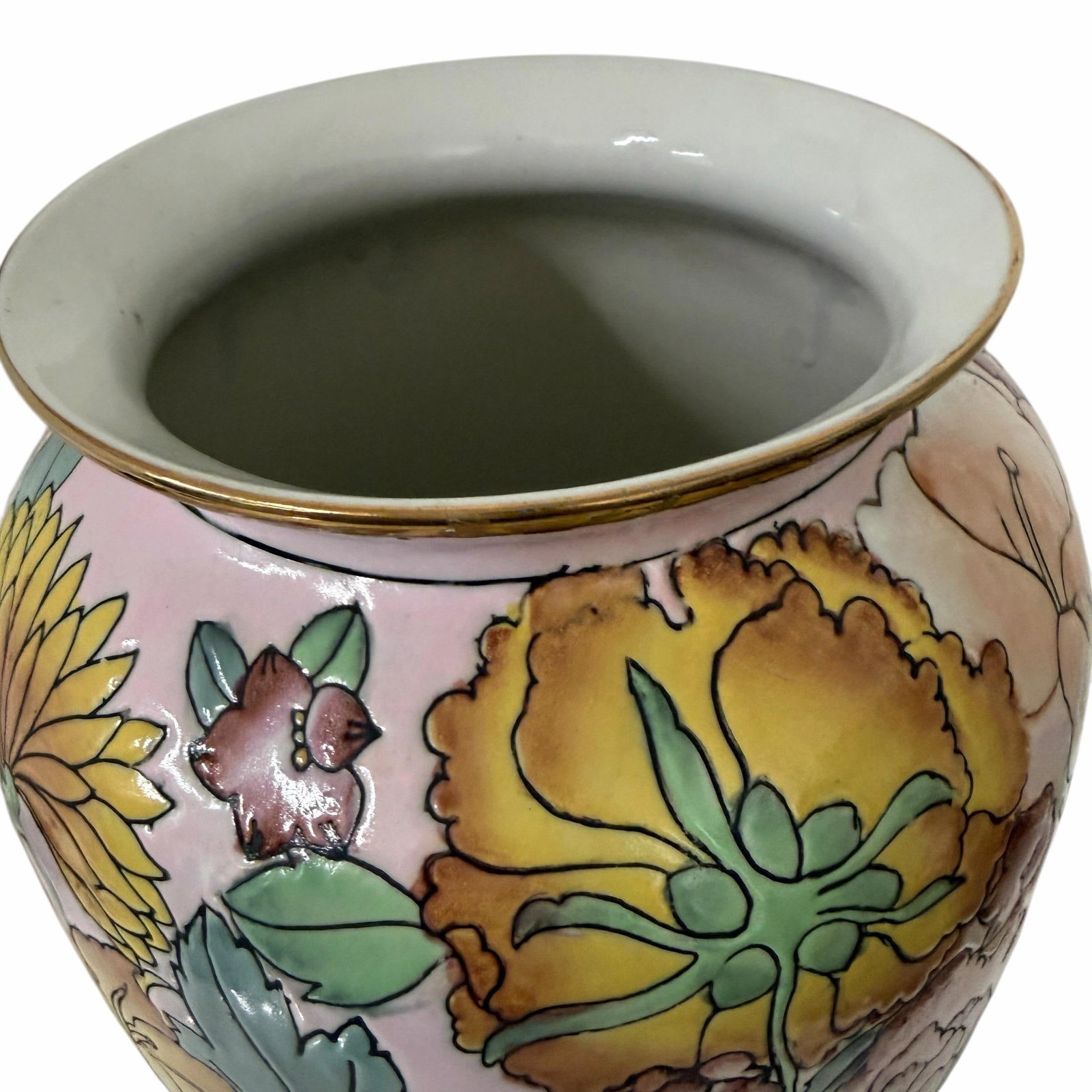 Vintage Hand Painted Rare Color Pink Chinoiserie Vase With Turquoise, Saffron, Aqua and Pinks, Flora - 8