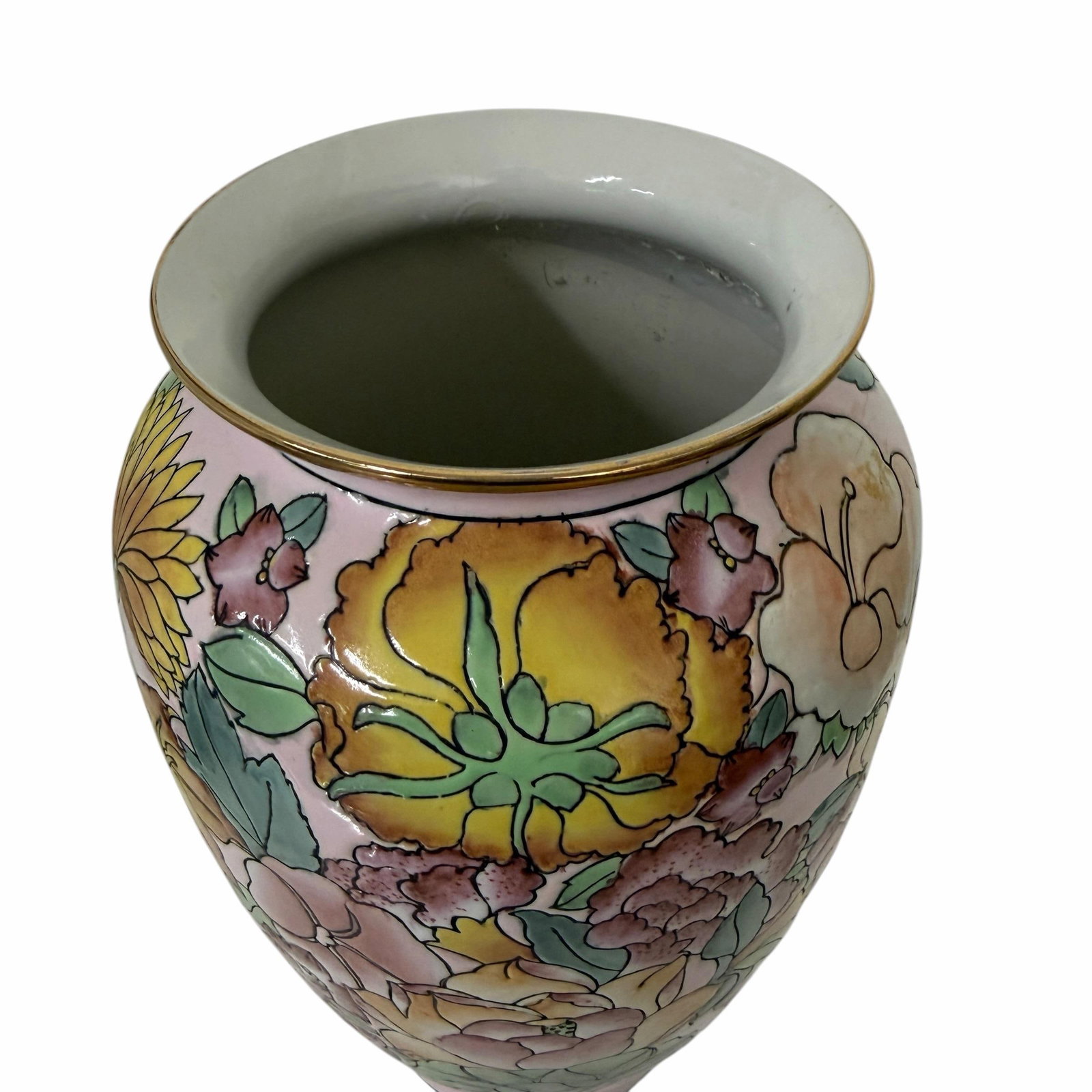 Vintage Hand Painted Rare Color Pink Chinoiserie Vase With Turquoise, Saffron, Aqua and Pinks, Flora - 9
