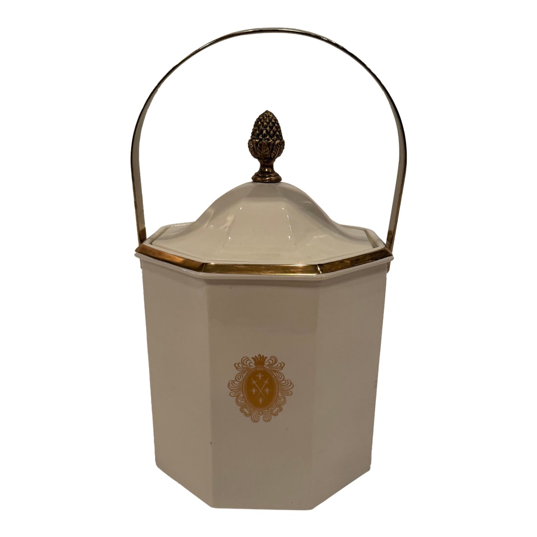 1960s Ceramic Porcelain Ice Bucket With Crest by Ernest John: Elegant white and gold diminutive ice bucket with regal crest decoration and gold finial. With handle up, 13" h. Down 12" h RR Condition: Alterations: Original Condition Unaltered Imperfections: Some 