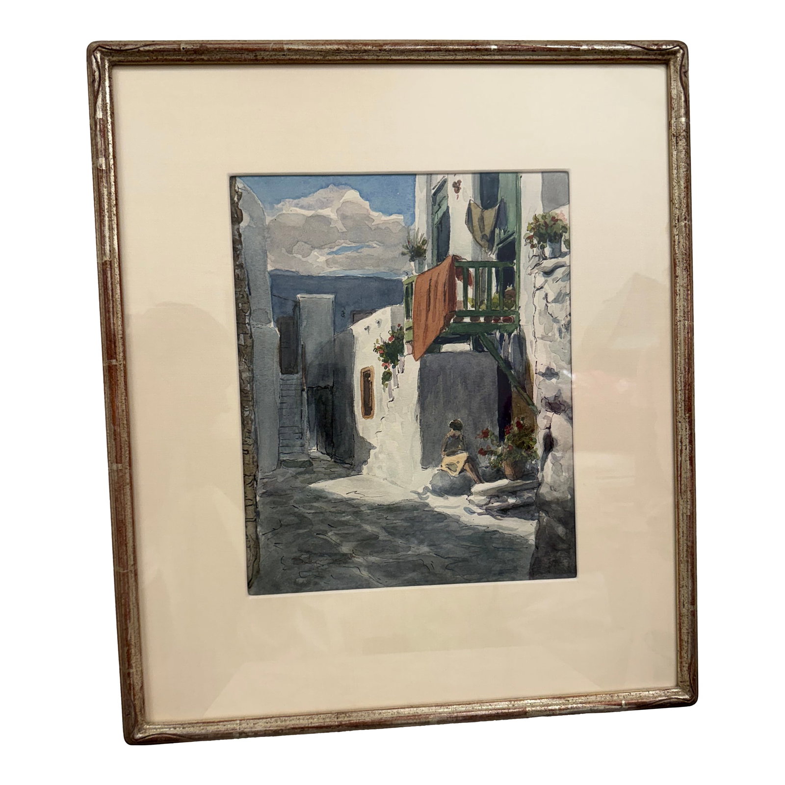 1960s Mediterranean Coastal & Village Scenes Original Watercolor in Custom Silver Leaf Frame: Beautiful original watercolor painting depicting idyllic Greek island scenes, professionally custom framed with museum-quality UV-protective conservation glass. One painting captures a tranquil