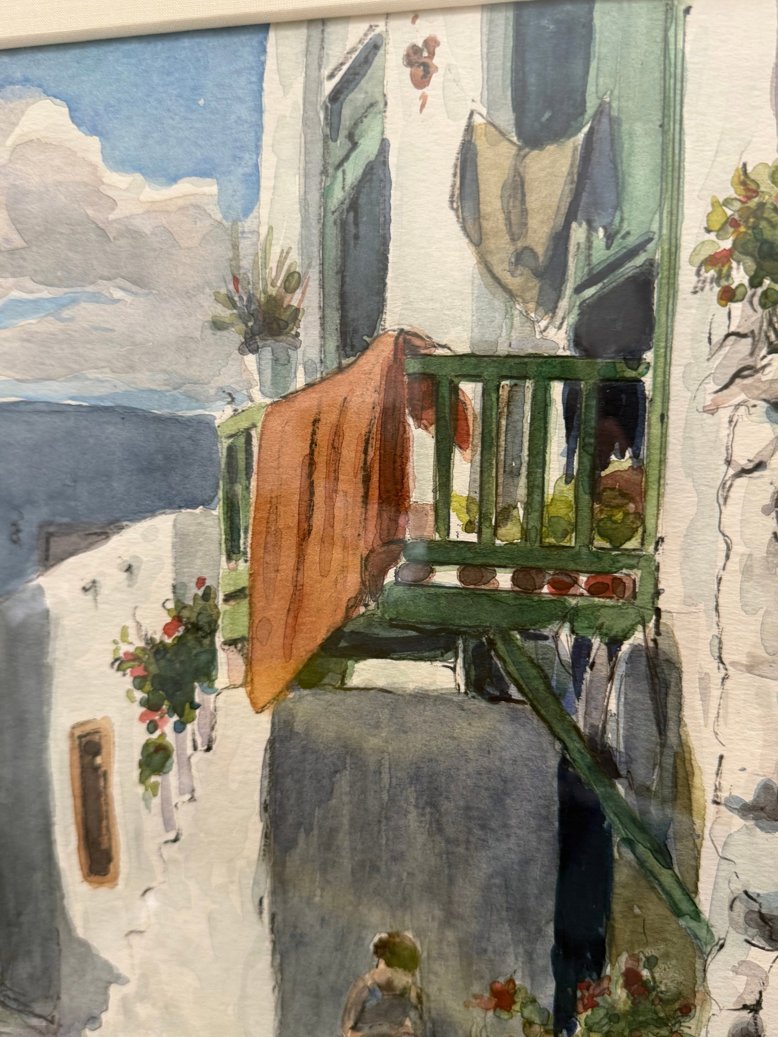 1960s Mediterranean Coastal & Village Scenes Original Watercolor in Custom Silver Leaf Frame - 2