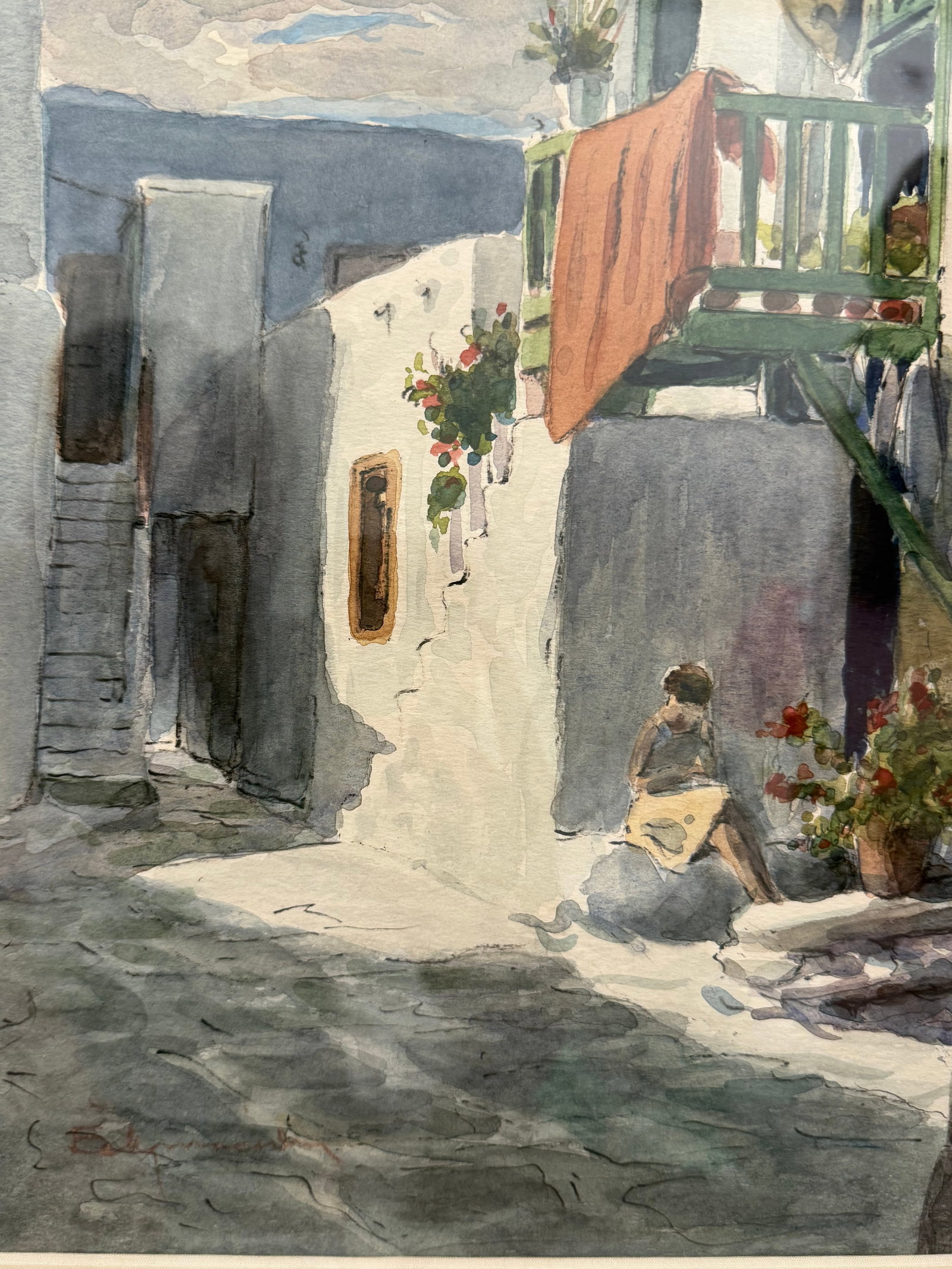 1960s Mediterranean Coastal & Village Scenes Original Watercolor in Custom Silver Leaf Frame - 3