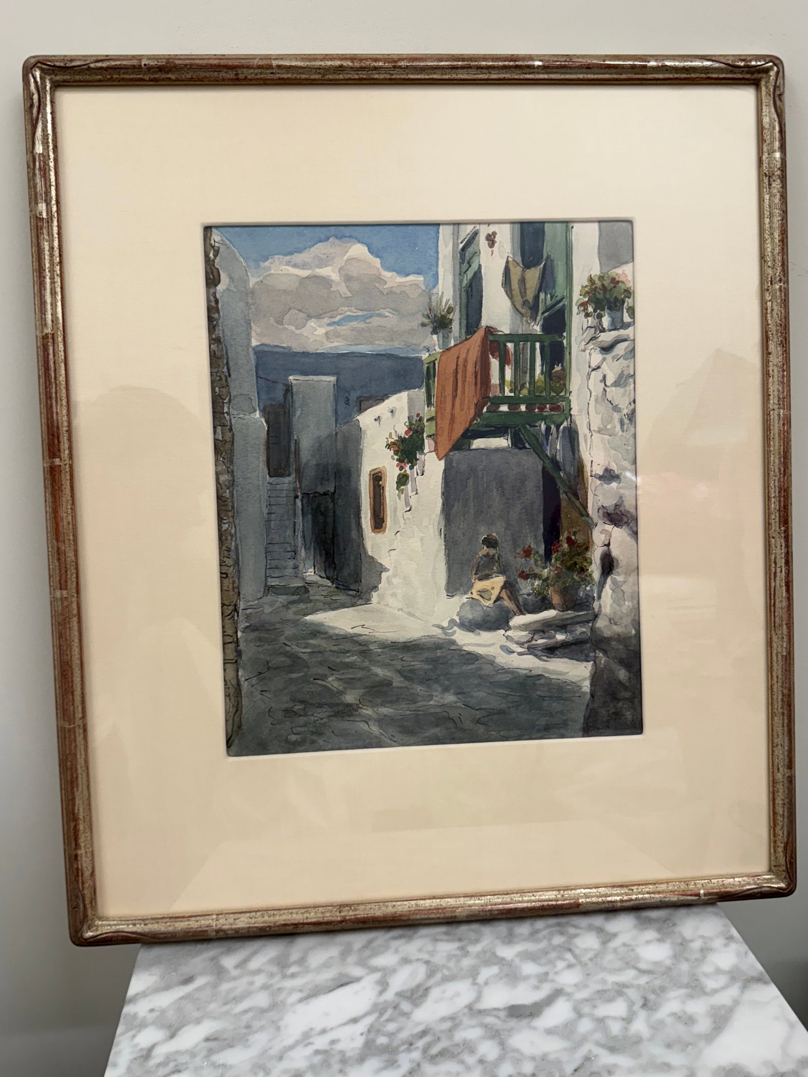 1960s Mediterranean Coastal & Village Scenes Original Watercolor in Custom Silver Leaf Frame - 5