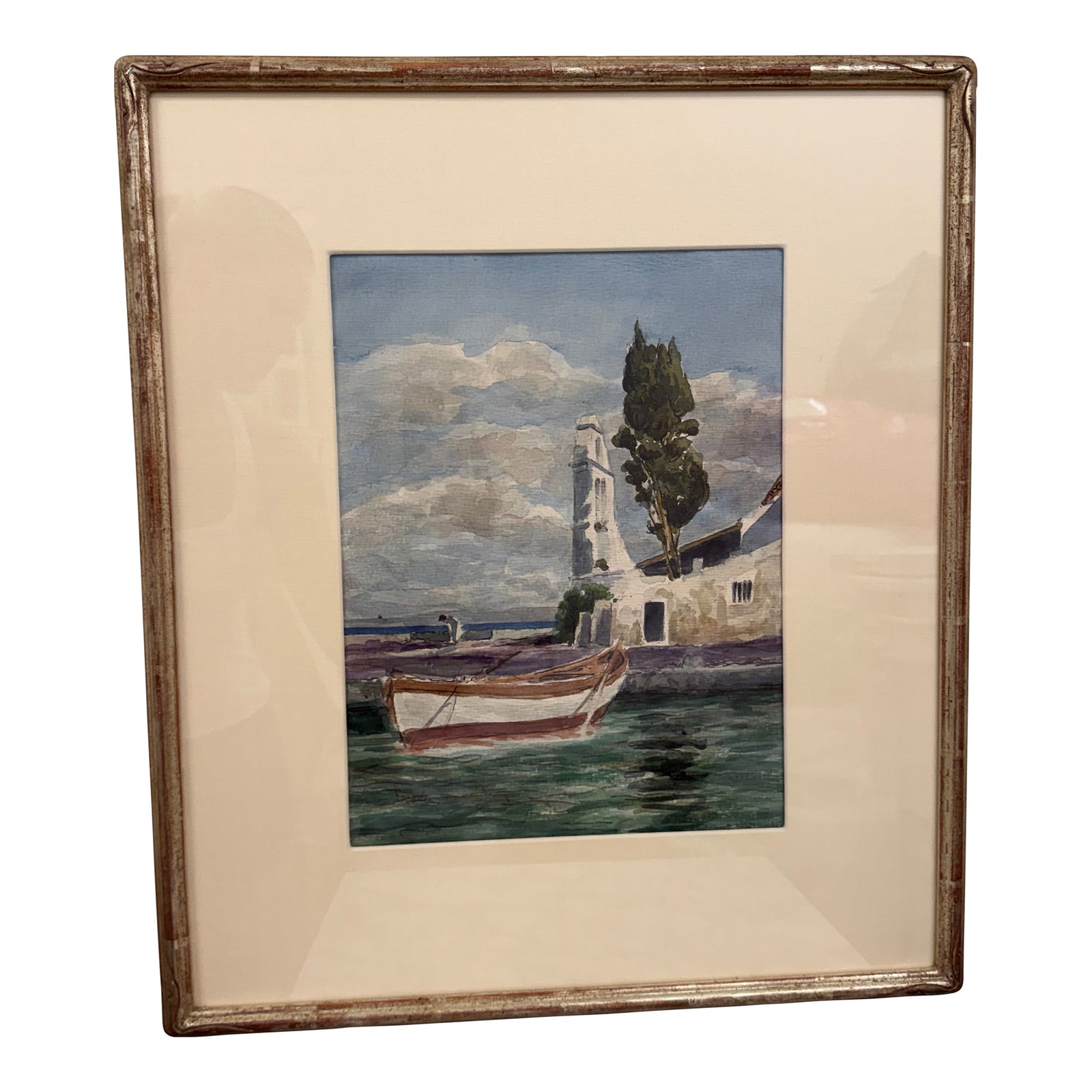 1960s Mediterranean Coastal & Village Scenes Original Watercolor in Custom Silver Leaf Frame - Unkno: Beautiful original watercolor painting depicting idyllic Greek island scenes, professionally custom framed with museum-quality UV-protective conservation glass. One painting captures a tranquil
