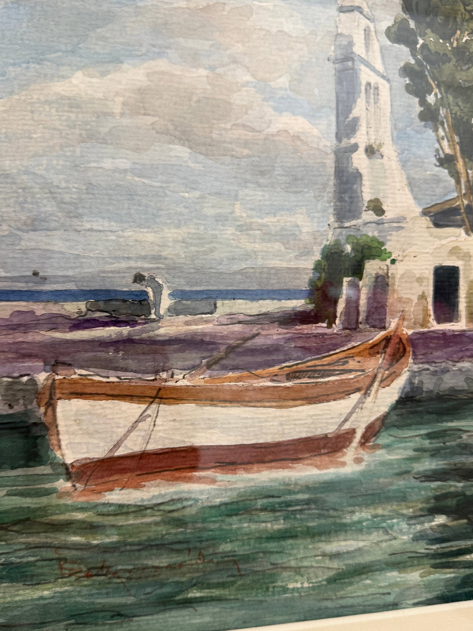 1960s Mediterranean Coastal & Village Scenes Original Watercolor in Custom Silver Leaf Frame - Unkno - 2