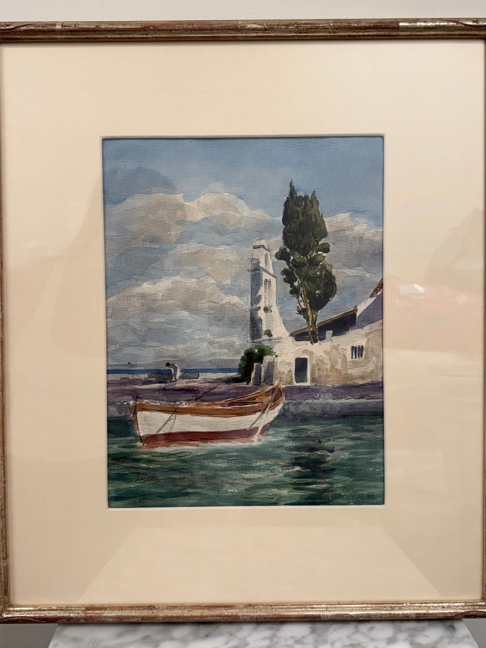 1960s Mediterranean Coastal & Village Scenes Original Watercolor in Custom Silver Leaf Frame - Unkno - 3