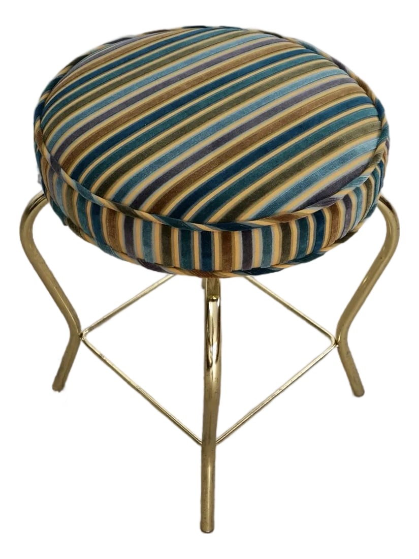 1960's Hollywood Regency Swivel Brass & Velvet Vanity Stool: Vintage 1960's Mid century Modern brass vanity stool for sale. It was manufactured by Stanley Furniture, and was reupholstered in striped velvet. It has brass curved legs, and is really solid. It swiv