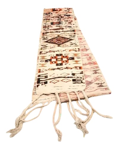 Long Vintage Wool and Cotton Pictorial Textile Runner: Large vintage wool and cotton pictorial textile runner featuring a natural cotton field with tufted/knotted pictorial and geometric pattern in palette of burgundy, rust, gray and black. The runner mea