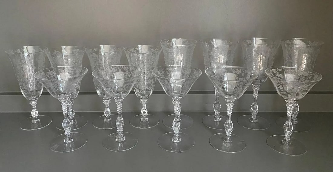 Vintage Etched Floral Glasses - Set of 13 - 13