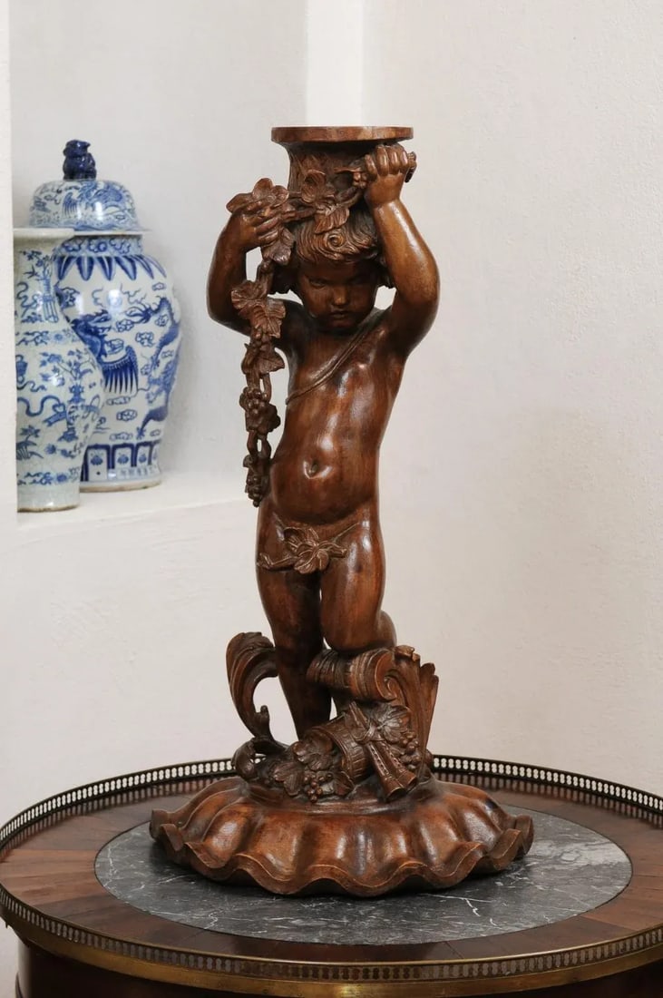 French Napoléon III 1860s Carved Walnut Sculpture of a Putto Carrying a Vessel - 7