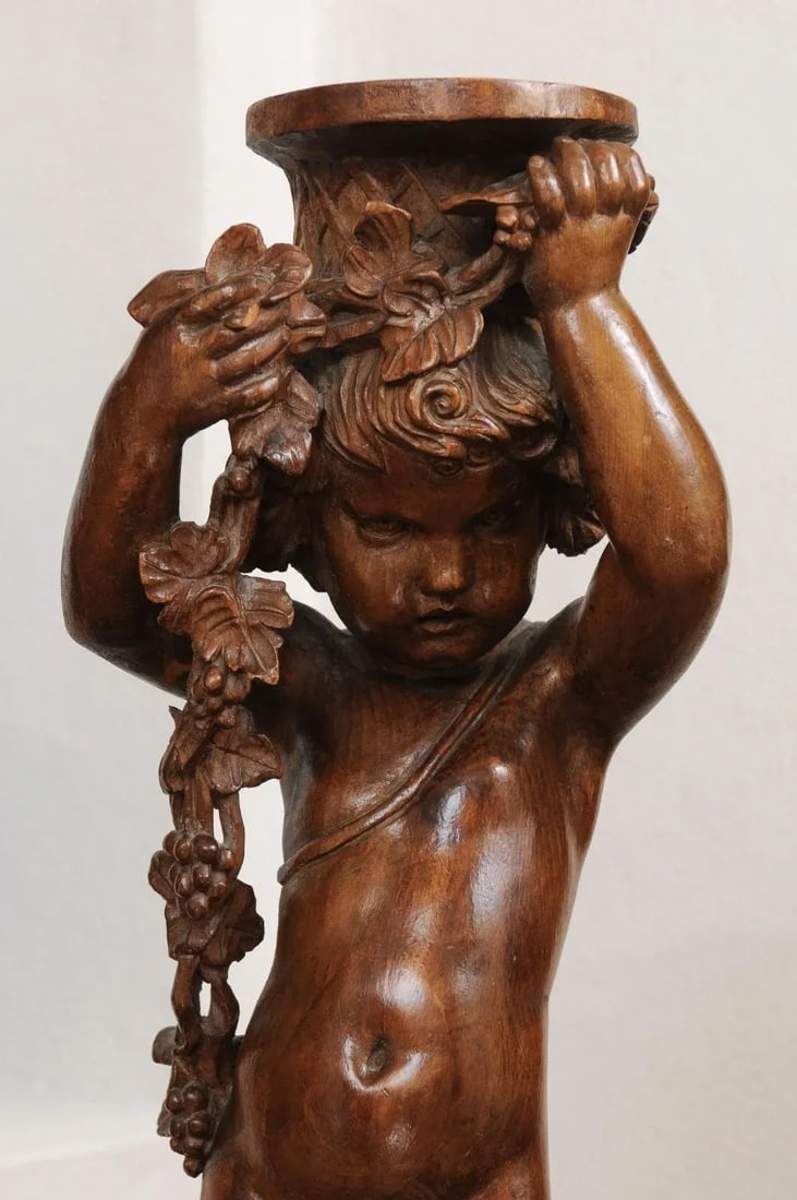 French Napoléon III 1860s Carved Walnut Sculpture of a Putto Carrying a Vessel - 8