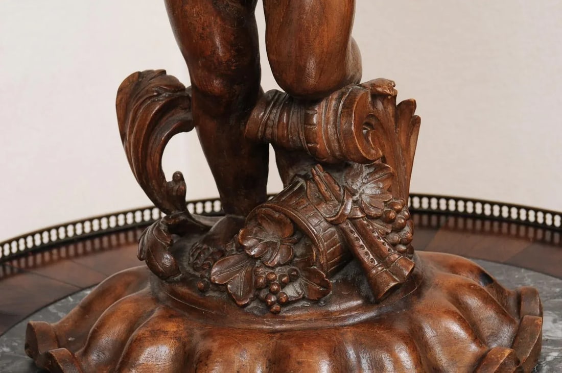 French Napoléon III 1860s Carved Walnut Sculpture of a Putto Carrying a Vessel - 9