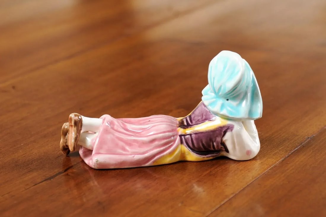 Vintage Petite English Porcelain Figurine Depicting a Young Girl Laying on the Ground - 9