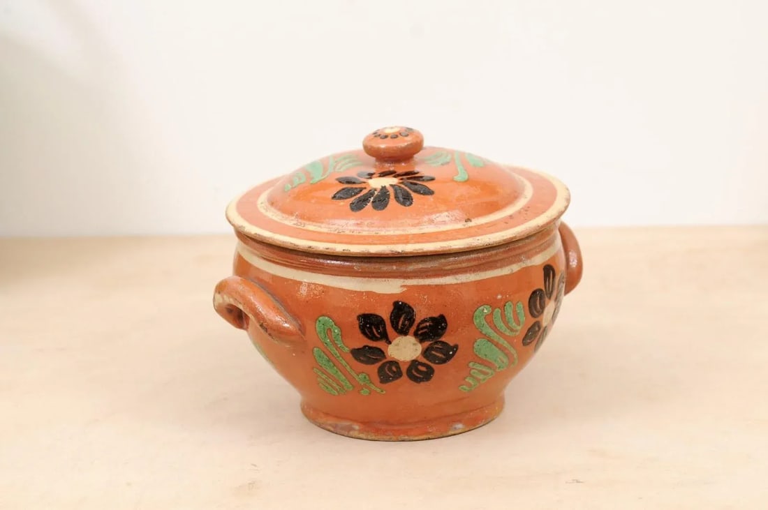 19th Century Rustic French Glazed Terracotta Covered Baking Dish with Flowers - 2