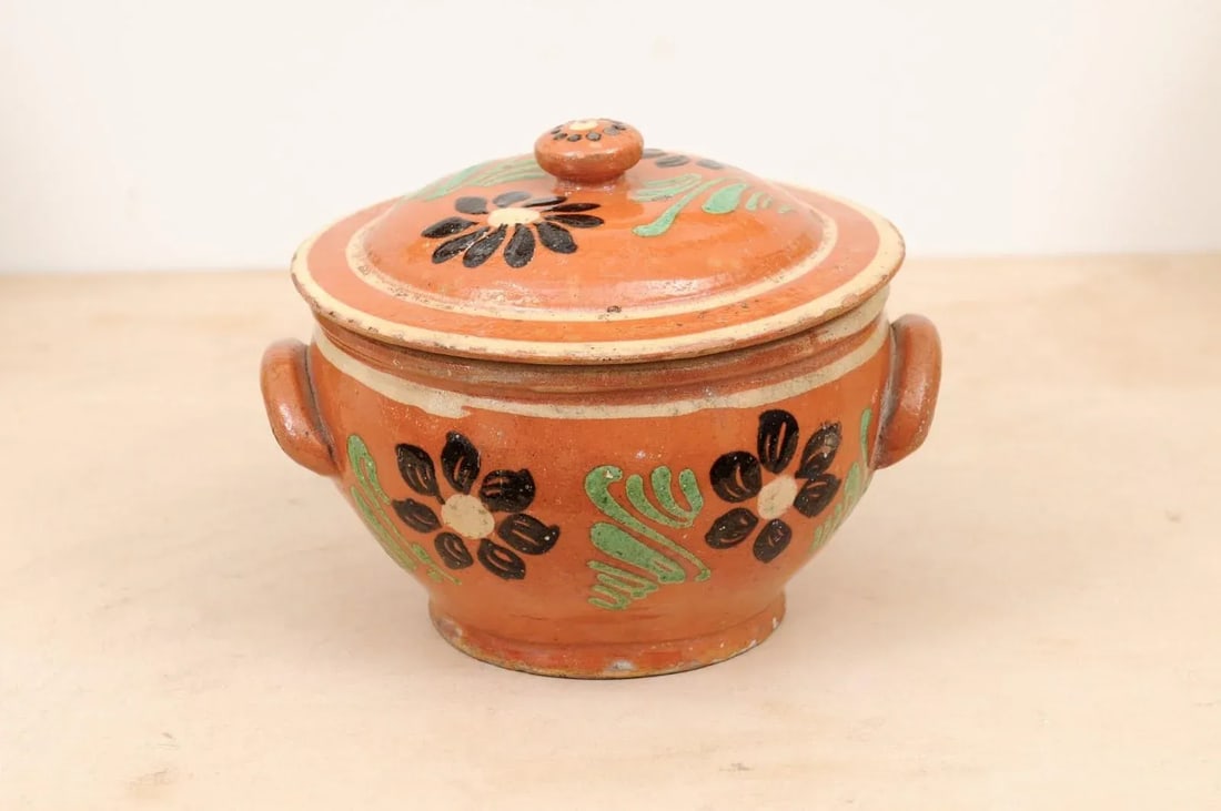 19th Century Rustic French Glazed Terracotta Covered Baking Dish with Flowers - 3