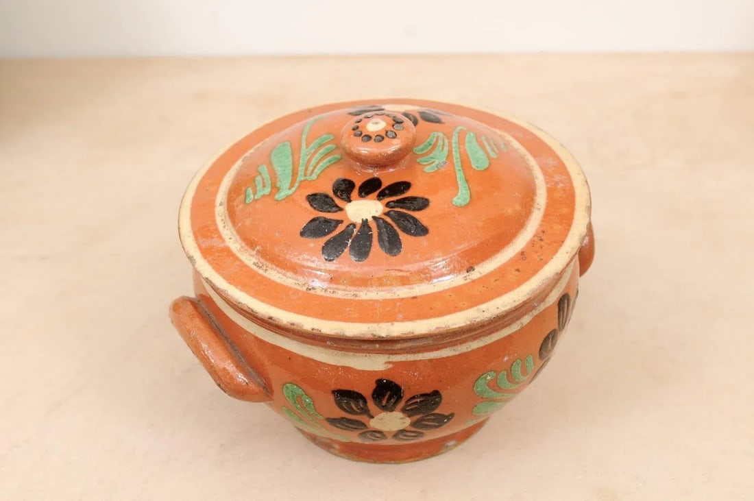 19th Century Rustic French Glazed Terracotta Covered Baking Dish with Flowers - 7