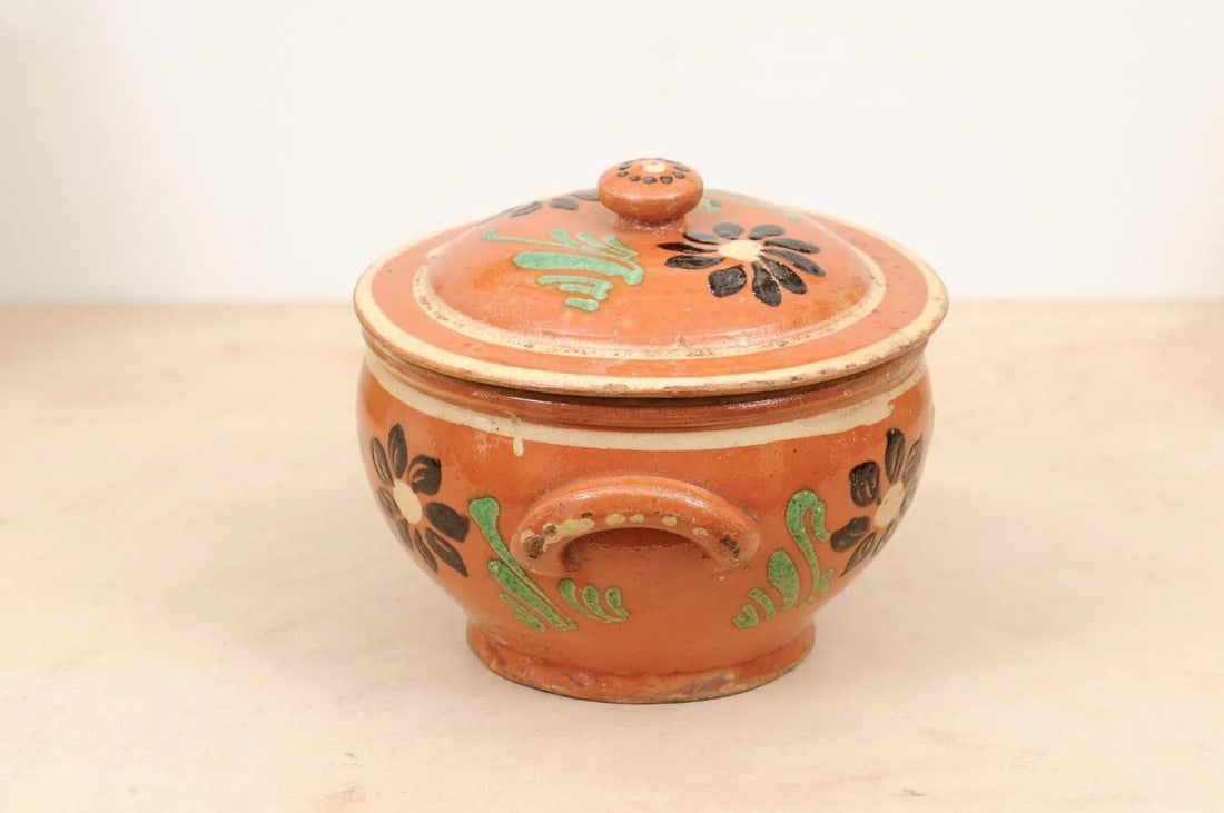 19th Century Rustic French Glazed Terracotta Covered Baking Dish with Flowers - 8