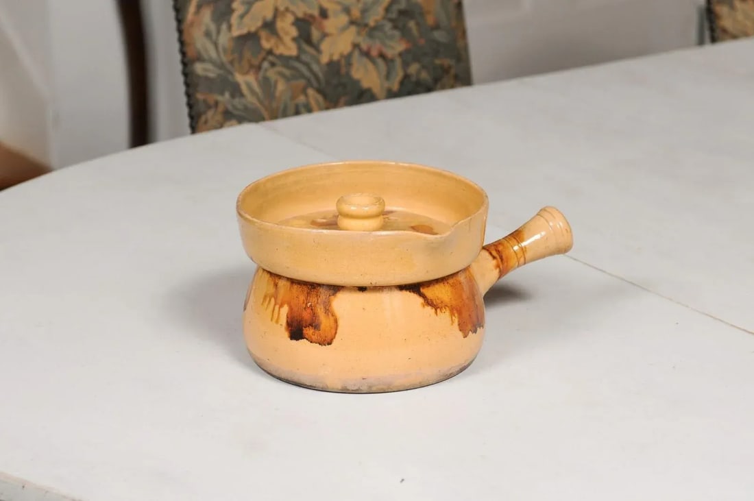 19th Century French Yellow Glazed Pottery Steamer with Lid and Rust Accents - 2
