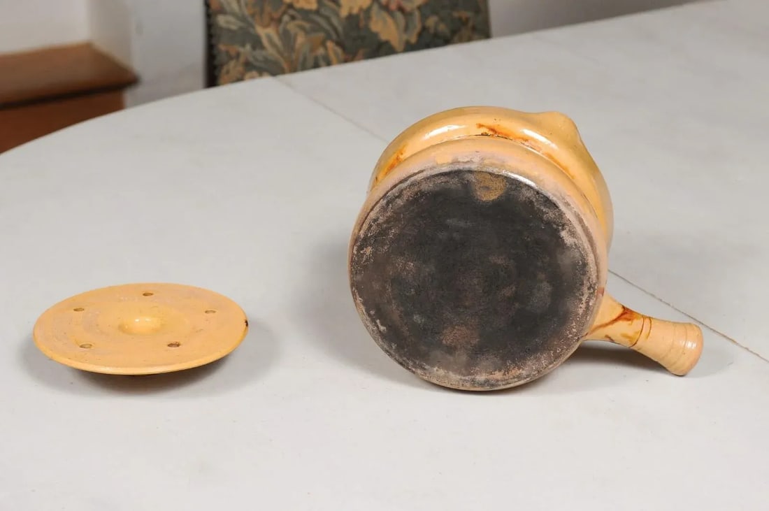 19th Century French Yellow Glazed Pottery Steamer with Lid and Rust Accents - 4
