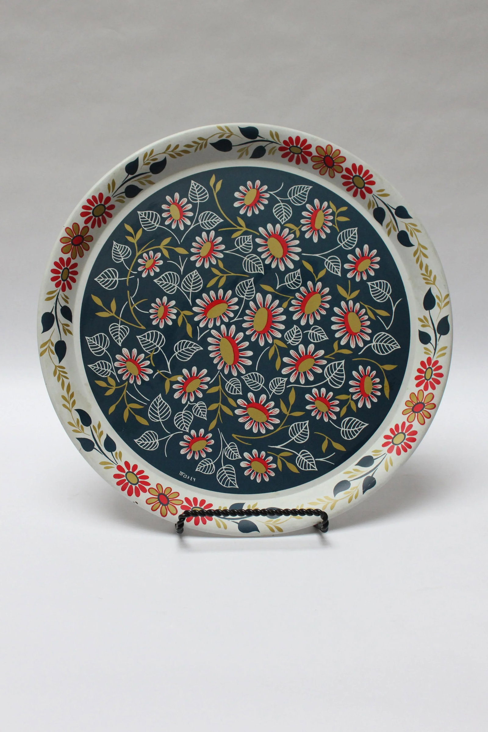 Maxey Folk Art Painted Metal Floral Decorative Tray - 13