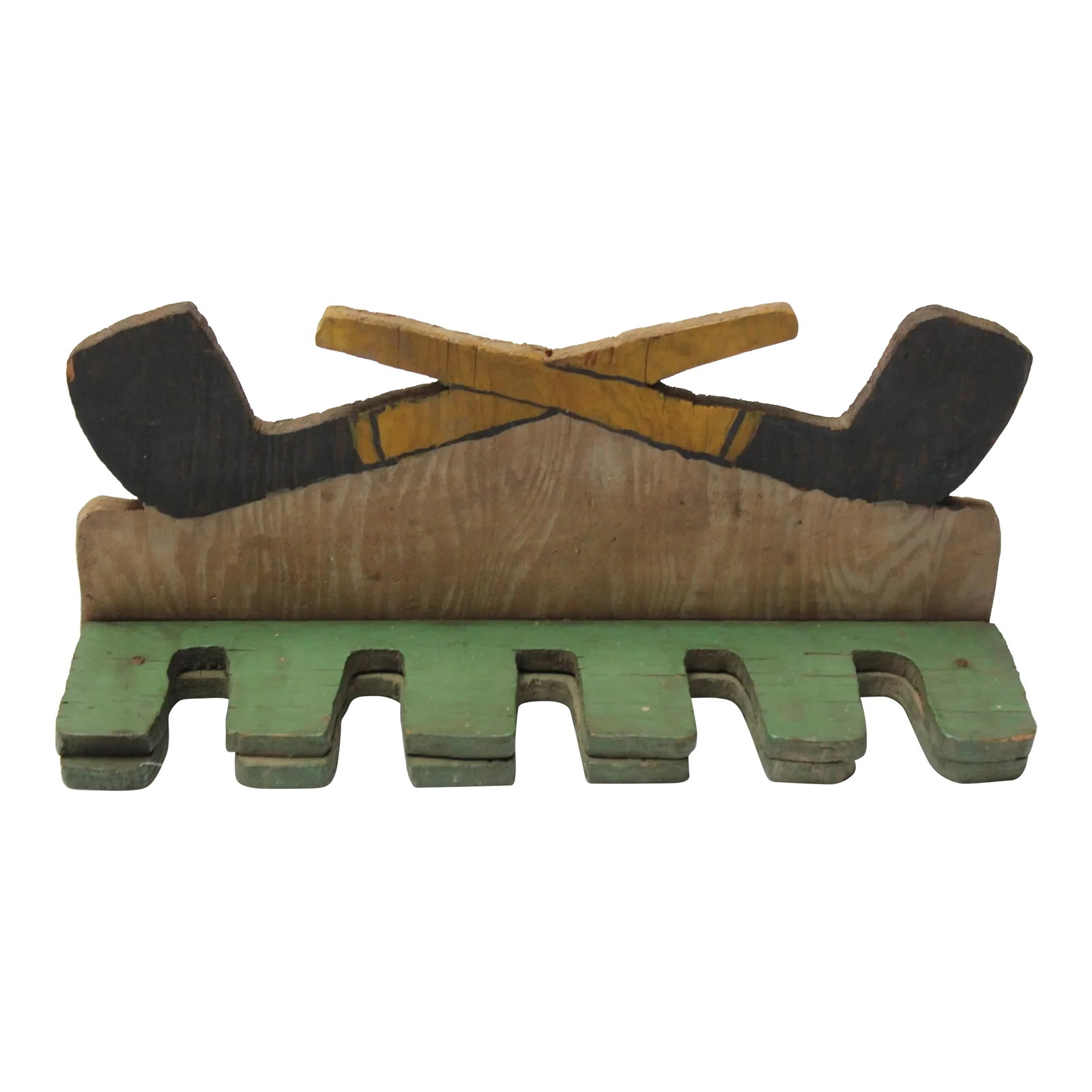 Small Folk Art Smokers 'Pipe Valet': Folk art wall mounted pipe rack with standard tobacco pipe motif (ca. 1950s, USA). Light paint loss / general wear present, as shown. Remains in very good, vintage condition. H: 4.25" x L: 9" x D: