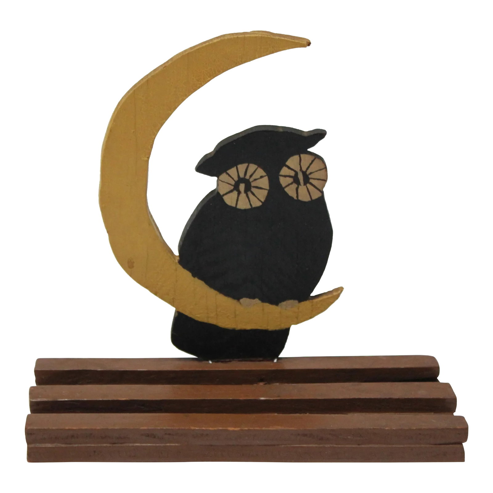 Vintage Folk Art "Owl on a Crescent Moon" Carving: Ca. 1950s American Folk Art hand-carved and painted figurine depicting an owl perched on a crescent moon. Very good, vintage condition with only light crazing to the original paint / wear consistent
