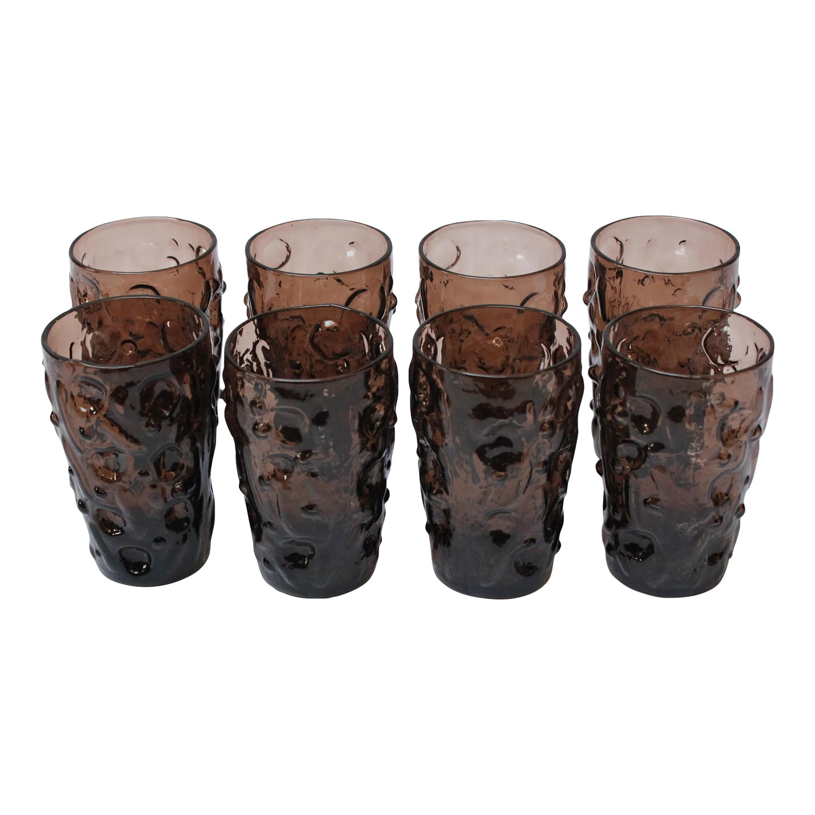 Set of Eight "El Rancho" Morocco Brown Juice Glasses by Bryce Brothers: Set of eight glass tumblers from the "El Rancho" line by Bryce Brothers (produced between 1955-1966, USA). Cactus pattern throughout in Morocco brown palette. Excellent, vintage condition with no