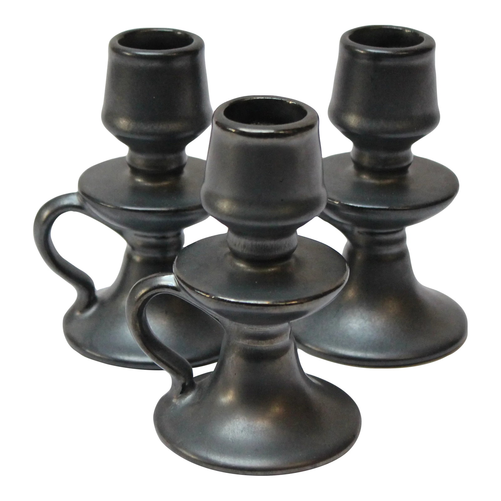 Vintage Parisian Ceramic "Copie d'Etain Ancien" Candlesticks- Set of 3: Trio of elegant ceramic candlesticks in slate gray referred to as "copie d'etain" suggesting that these are 'tin-like" in appearance. Excellent, vintage condition. Small size: H: 4.25" x D: 2.63" x