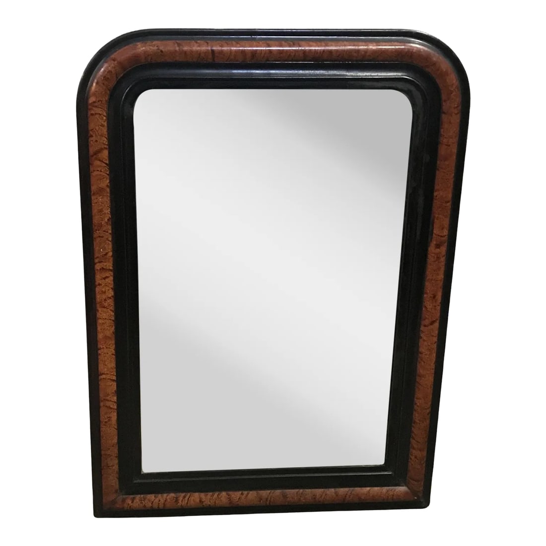 Antique French Louis Philippe Faux Painted Mirror: Late 19th century Louis Philippe mirror having beautiful faux bois painted finish on the frame which looks like wood grain, in a rich brown tone rimmed with ebony. The mirror has been recently