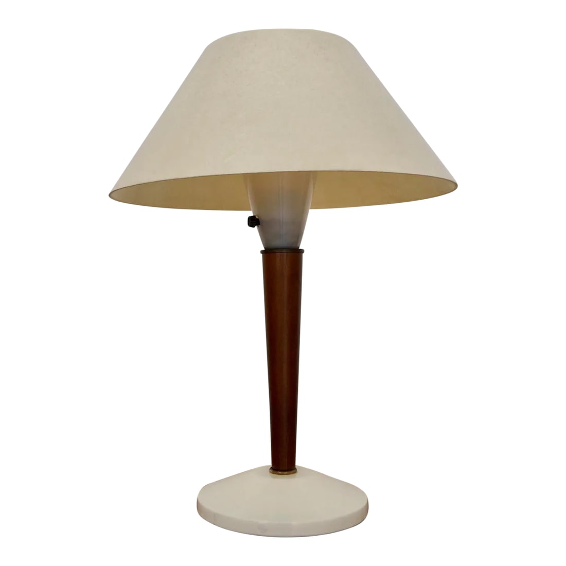 Mid-Century Modern Space Age Table Lamp: Vintage Mid-century Modern table lamp for sale. From the 1950's, and in amazing condition. It has a white metal base with a wood stem finished in walnut, and a fiberglass dome shade on a diffuser. It'