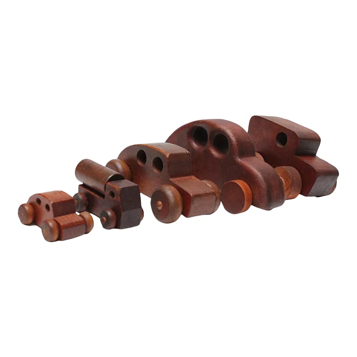 Collection of Five Vintage Handmade Wooden Cars and Trucks: Set of five wooden, handmade toy cars / trucks (ca. 1970s, USA). The three smaller examples are pine and maple made by Montgomery Schoolhouse in Vermont. The larger car was made by Knock on Wood of