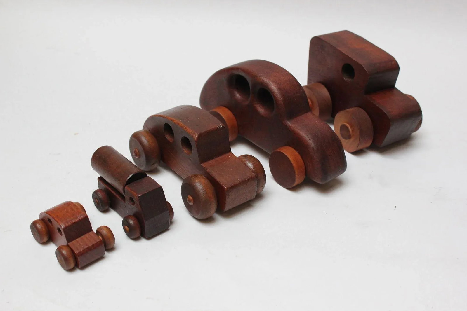 Collection of Five Vintage Handmade Wooden Cars and Trucks - 2