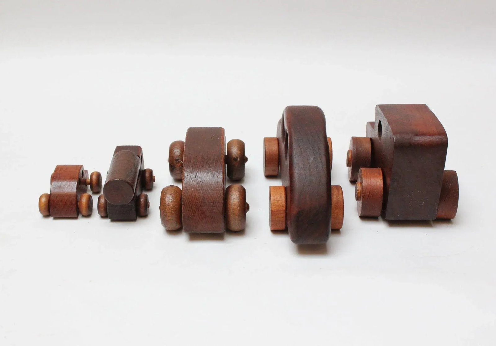 Collection of Five Vintage Handmade Wooden Cars and Trucks - 5