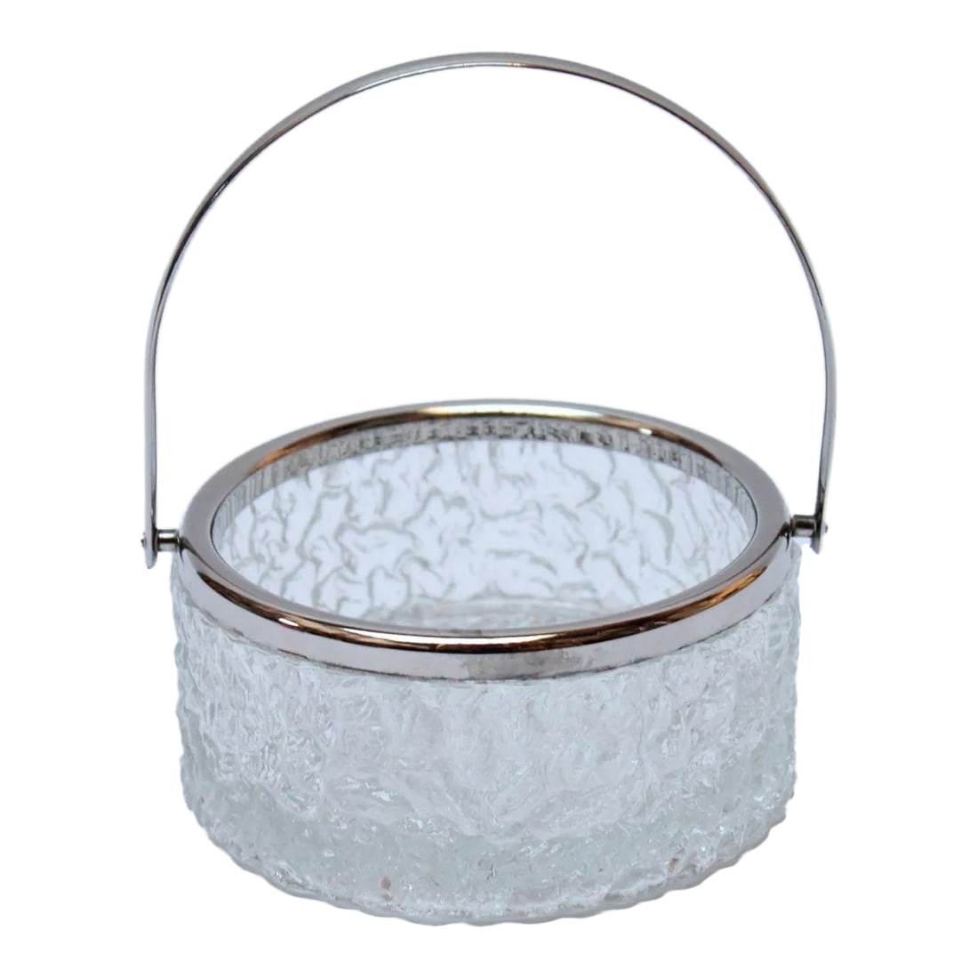 1940s Art Deco Crystal and Silverplate Bon Bon Dish: Cut crystal bowl with silver-plated handle and rim (ca. 1940s, USA). Versatile piece serving as a bonbon/candy dish, ice bowl for refreshing drinks, or bride's basket. Attractive piece with cut crysta