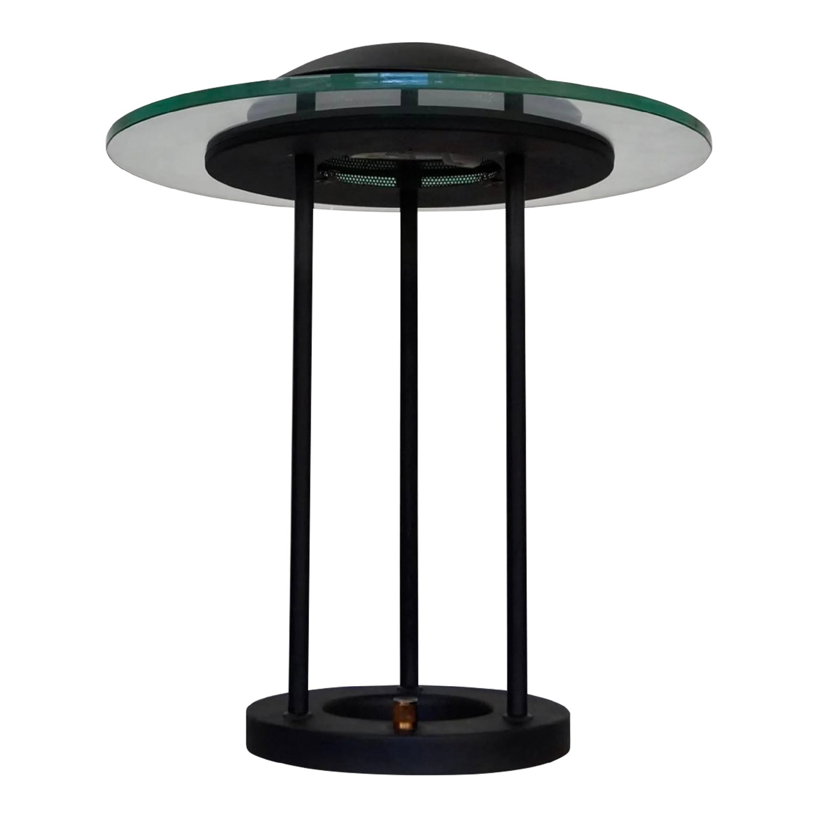 1980's Postmodern Robert Sonneman Saucer Table Lamp: Vintage Post-modern desk lamp for sale. Designed by Robert Sonneman in 1980, and in great condition. It has a dimmer, and is in great working condition. It has a saturn space look, and has a thick