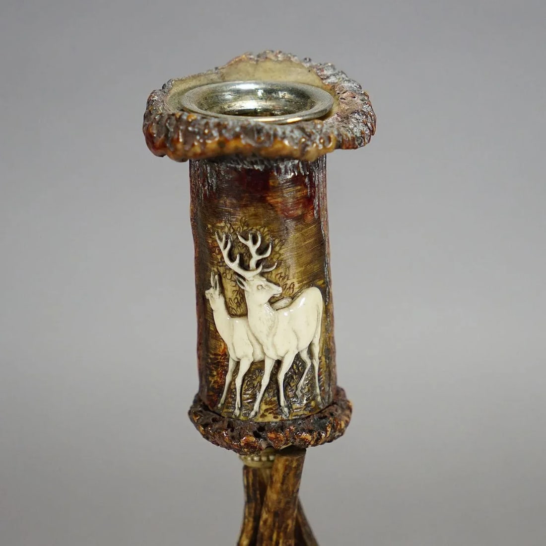 Stylish Cabin Decor Antler Candle Holder With Deer Carving, Germany Ca. 1900 - 3