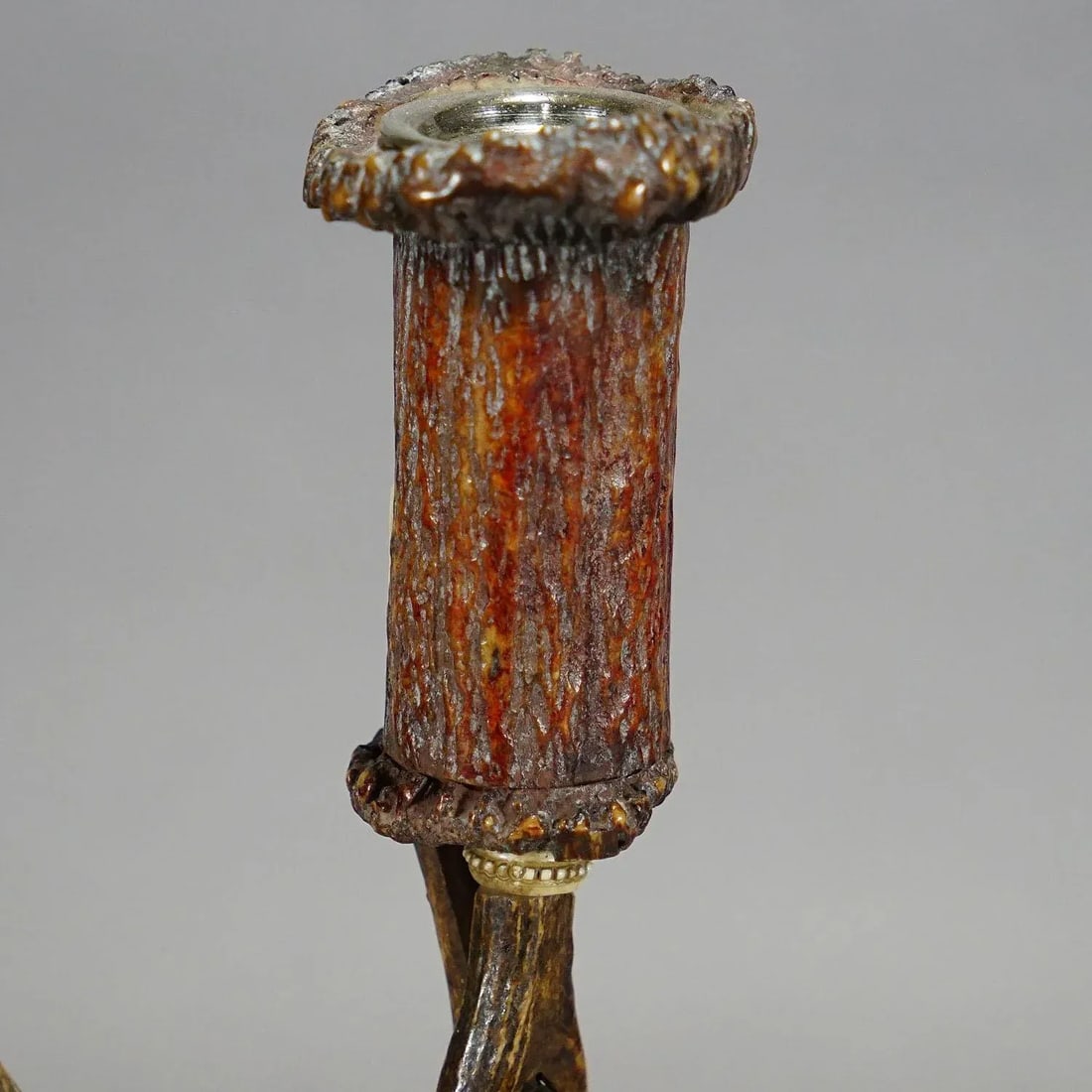 Stylish Cabin Decor Antler Candle Holder With Deer Carving, Germany Ca. 1900 - 6