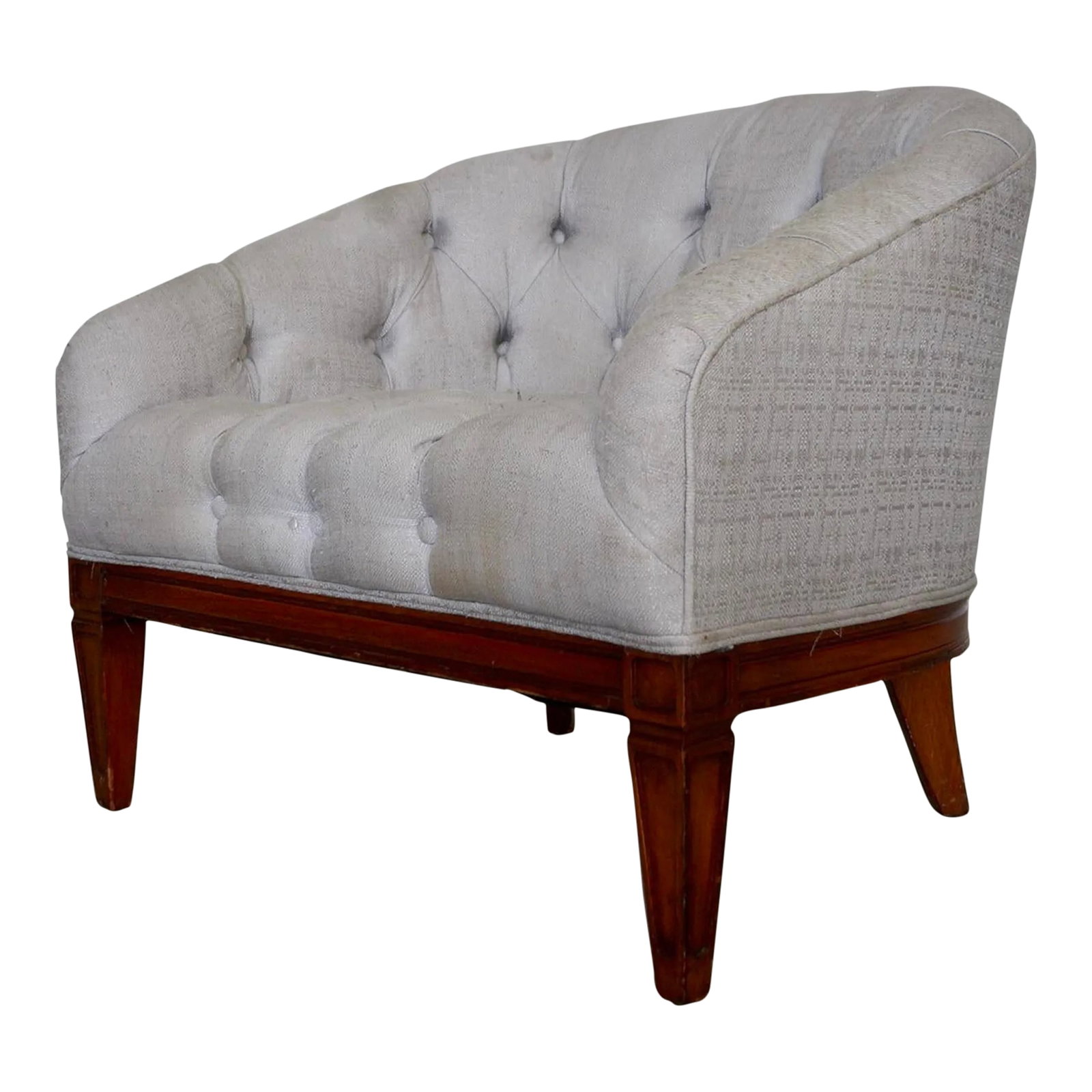 1960's Barrel Back Club Chair: Vintage barrel-back Mid century Modern club chair for sale. Very solidly built, and very comfortable. It's a tufted chair, and needs to be reupholstered. It has a solid wood base with tapered legs, an